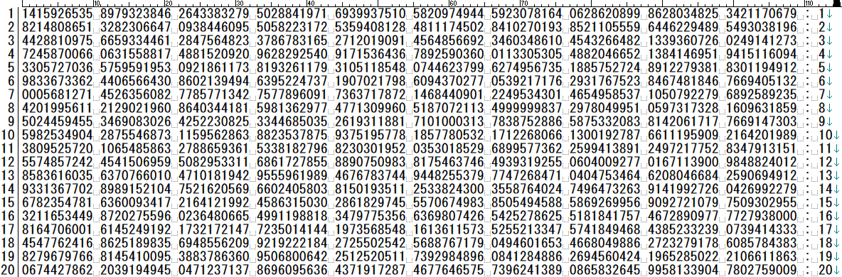 円周率13兆桁から特定の数列を検索するプログラムを作りました Qiita